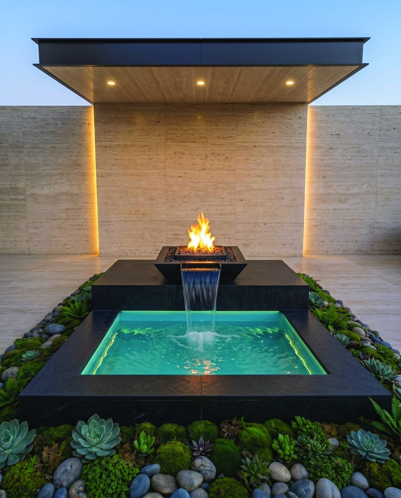 A fire bowl above an illuminated pool